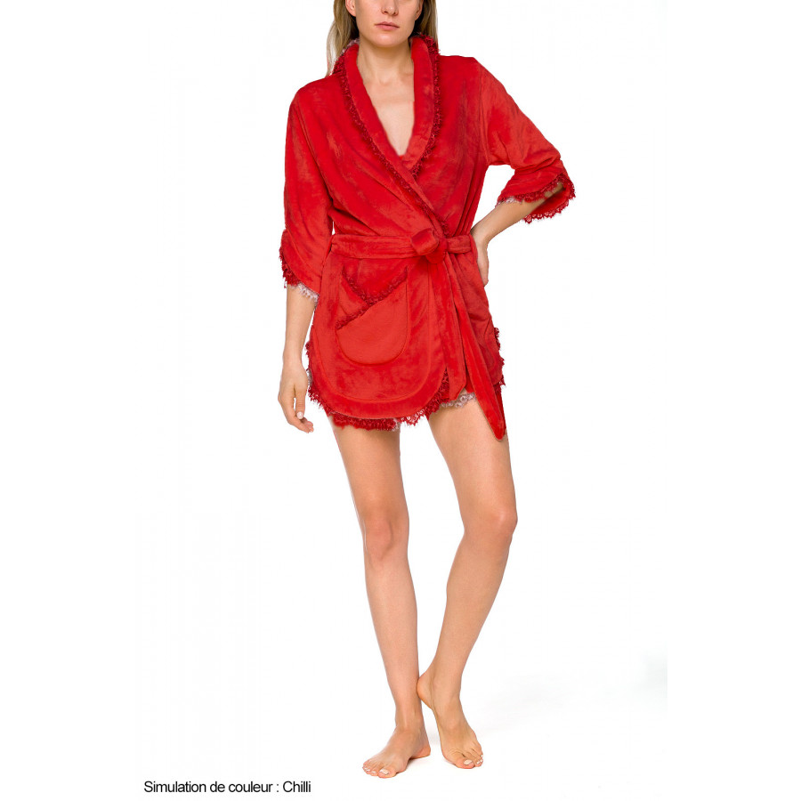 Short fleece bathrobe with three-quarter length sleeves with gathers and frills - Coemi-lingerie