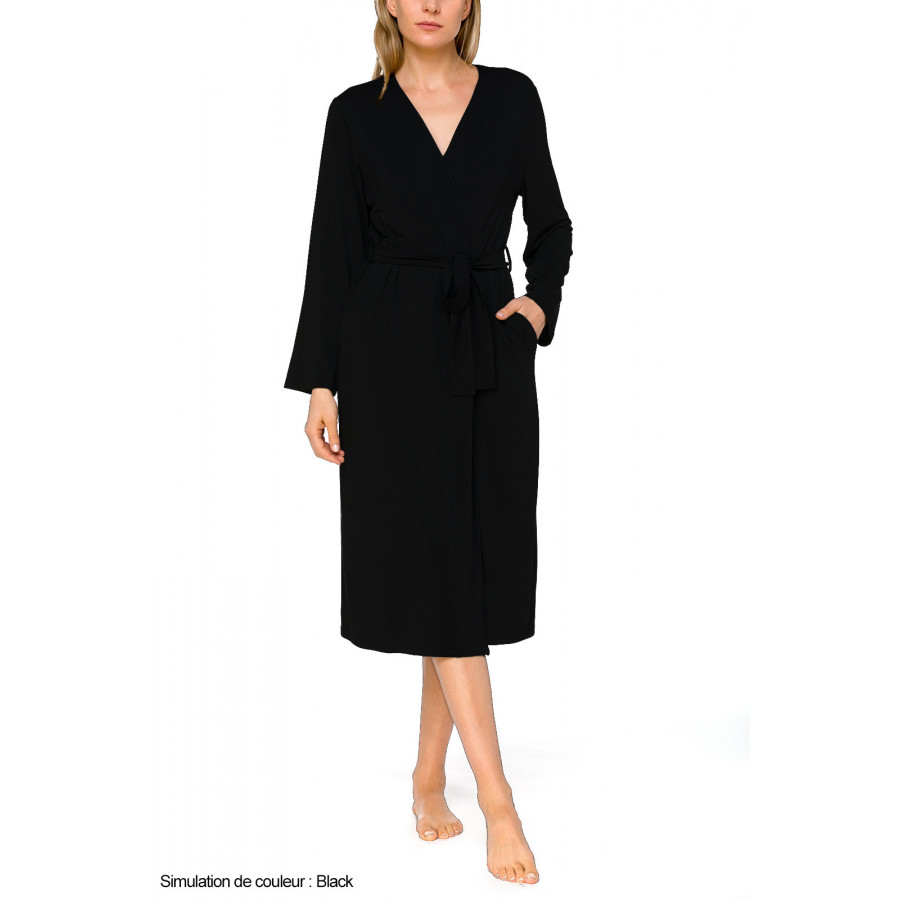 Classic, long, fitted dressing gown with long sleeves, in a blend of micromodal and elastane - Coemi-lingerie