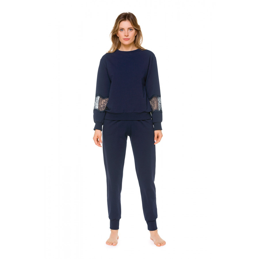 Loose-fitting, dark blue, long-sleeve sweatshirt with a round neck in cotton, elastane and lace - Coemi-loungewear