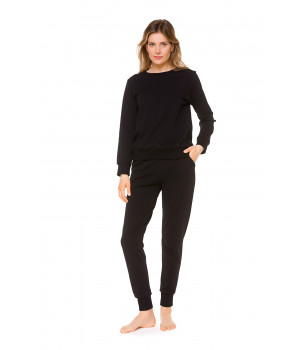 Black, round neck, long-sleeve sweatshirt with an open back embellished with lace