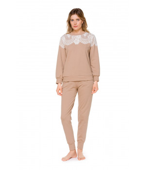 Beigefarbenes Sweatshirt aus Baumwolle und Elasthan mit weißem Spitzenbesatz - Coemi-Loungewear