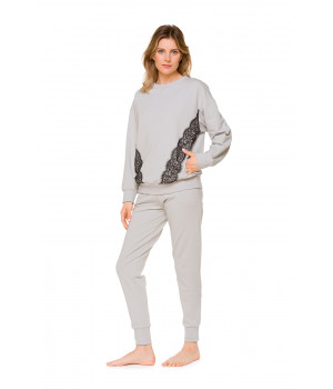 Light grey long-sleeve cotton sweatshirt with black lacework layering - Coemi-Loungewear