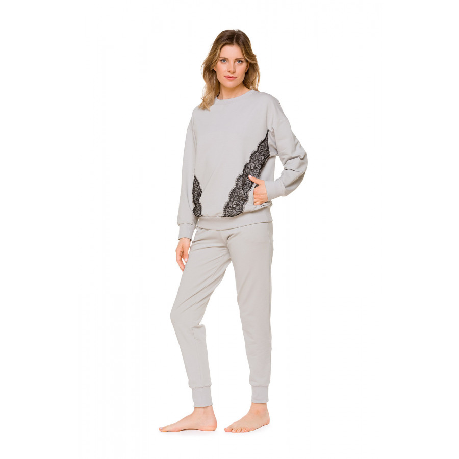 Light grey long-sleeve cotton sweatshirt with black lacework layering - Coemi-Loungewear
