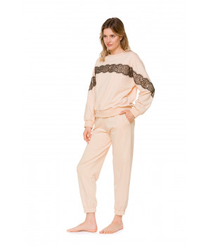 Light beige, long-sleeve cotton sweatshirt with black lacework layering