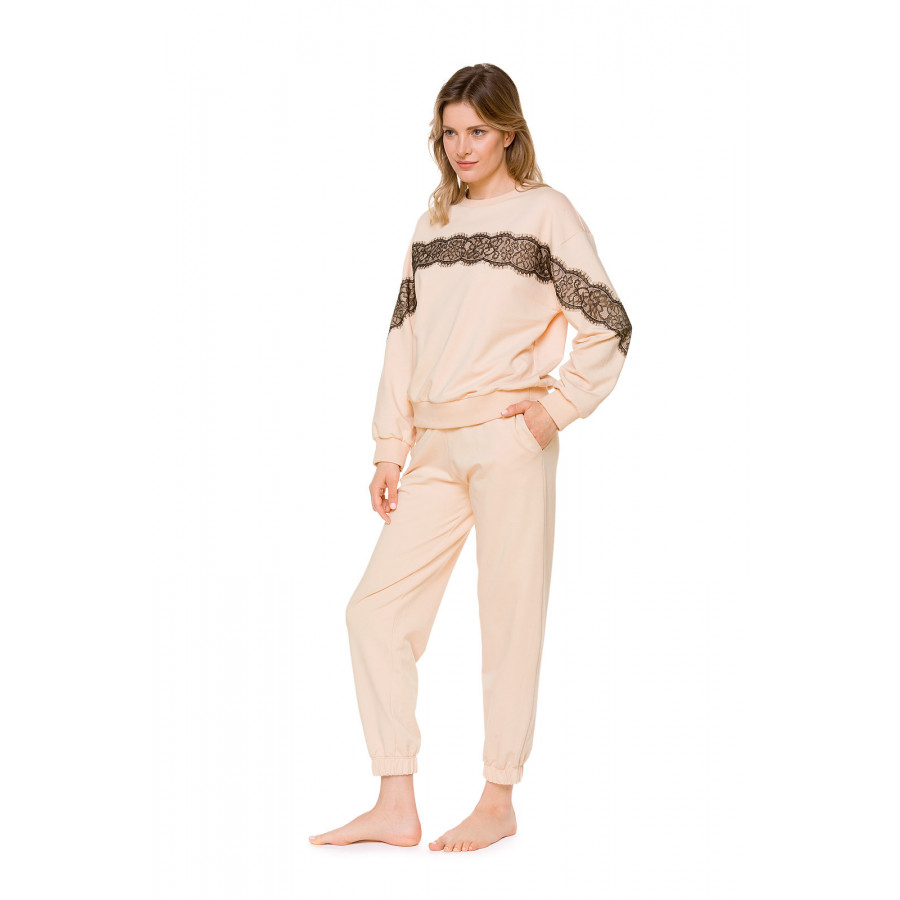 Light beige, long-sleeve cotton sweatshirt with black lacework layering - Coemi-Loungewear