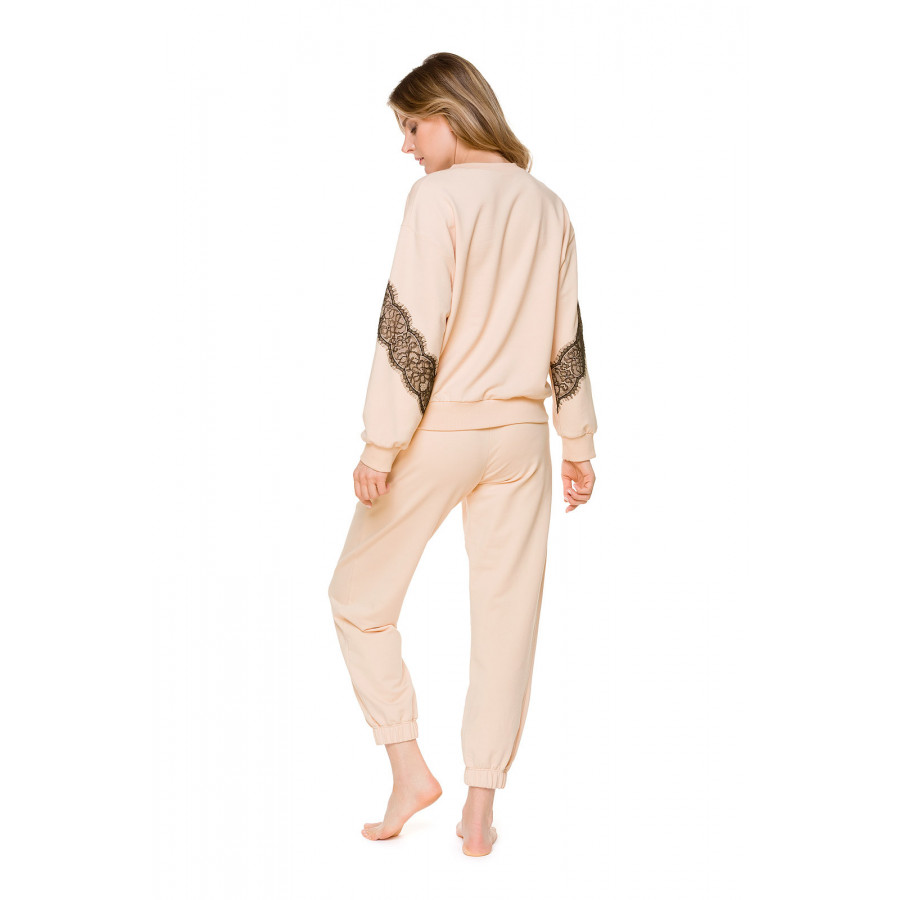 Light beige, long-sleeve cotton sweatshirt with black lacework layering - Coemi-Loungewear