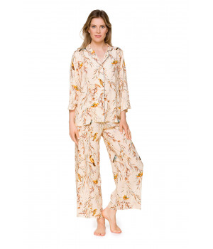 Weiter Pyjama aus Viskose mit diskretem „Vogel-auf-Ast“-Motiv auf beigefarbenem Grund