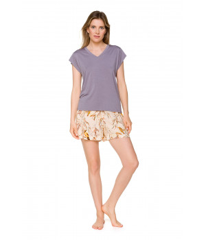 Nightwear outfit consisting of a blue-grey top and shorts embellished with a bird motif