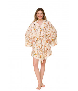 Loose-fitting kimono-style dressing gown with a bird motif and batwing sleeves