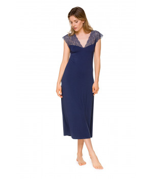Elegant mid-calf nightdress with short sleeves, V-neckline and back in lace