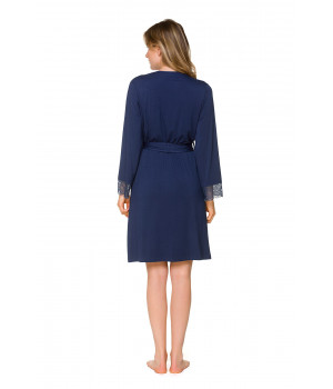 Navy blue, micromodal and elastane dressing gown with lace at the cuffs - Coemi-lingerie