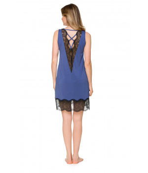 Sleeveless, denim blue, micromodal and elastane negligee with black lace - Coemi-lingerie