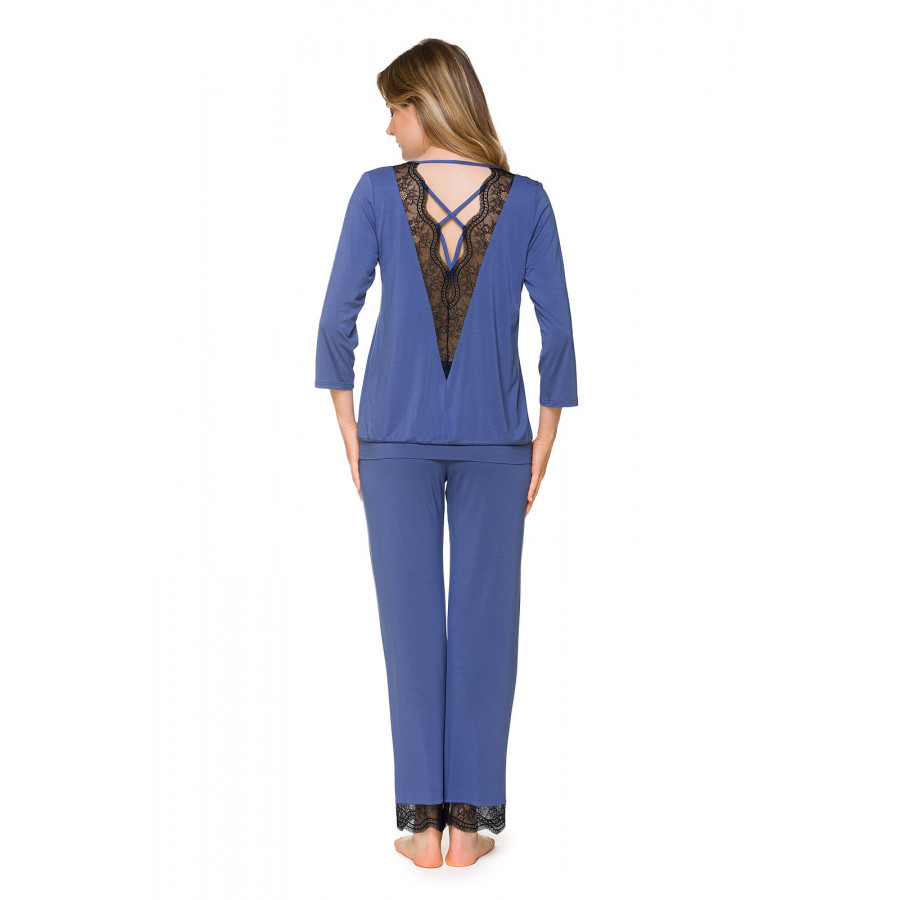 Denim blue and black lace micromodal two-piece pyjamas Round neck.  - Coemi-lingerie 
