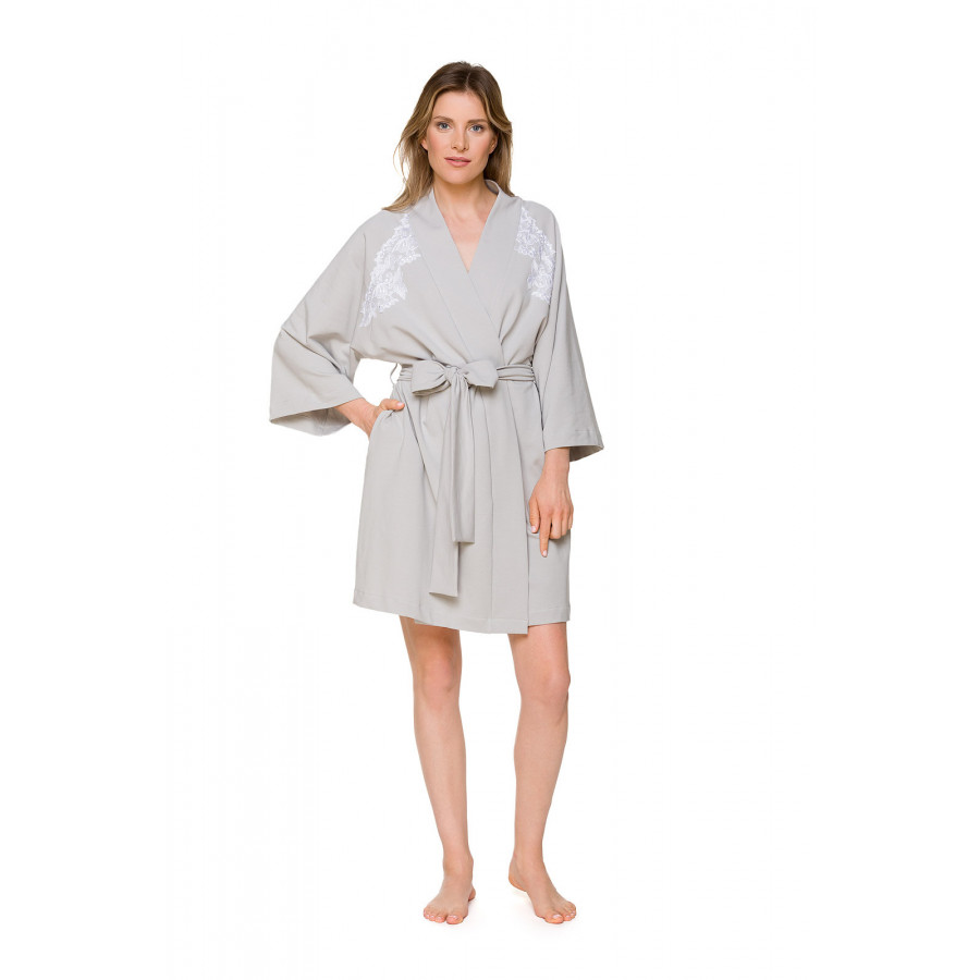Elegant, kimono-style dressing gown with batwing sleeves and a lace yoke - Coemi-lingerie