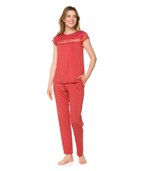 Micromodal and lace two-piece pyjamas with short sleeves and a round neck