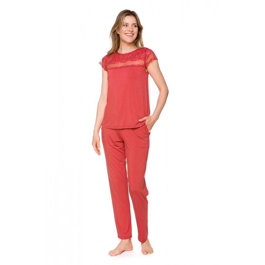 Micromodal and lace two-piece pyjamas with short sleeves and a round neck - Coemi-lingerie