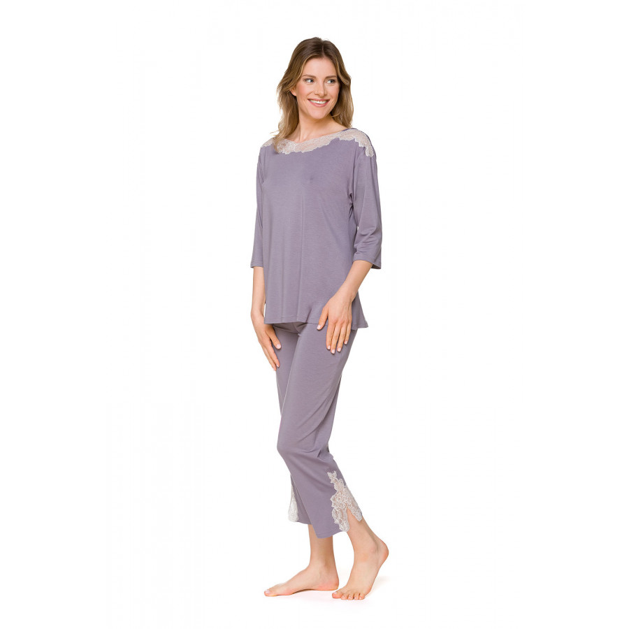 Zweiteiliger Pyjama in ¾-Länge mit U-Boot-Ausschnitt und Spitze - Coemi-lingerie