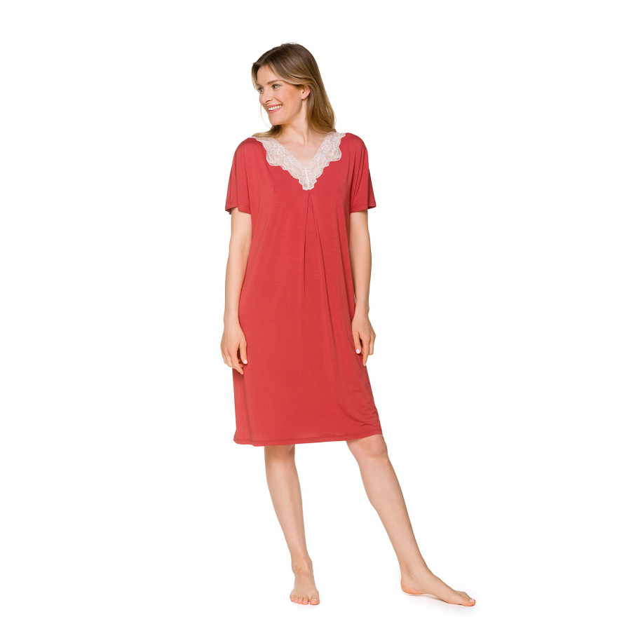 Tunic-shape, knee-length nightdress with short sleeves and lace - Coemi-lingerie