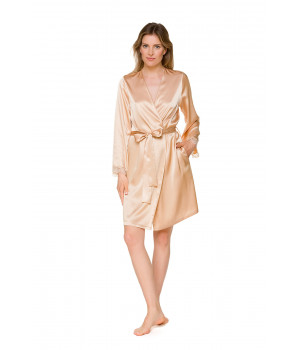 Golden flesh-coloured, mid-thigh, satin dressing gown with lace at the cuffs
