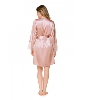 Satin dressing gown, cut just above the knee, with long sleeves trimmed with lace - Coemi-lingerie