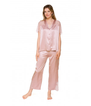 Zweiteiliger Pyjama aus Satin mit kurzärmeligem Hemd-Oberteil
