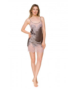 Smoky grey satin negligee with thin adjustable straps and pink lace