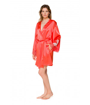 Déshabillé forme kimono rouge orangé avec empiècement de dentelle blanche - Coemi-lingerie