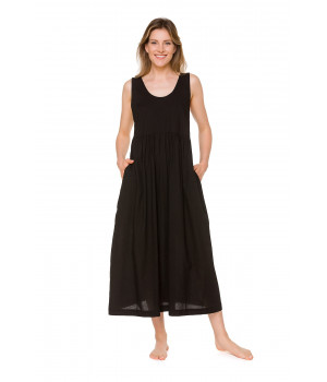 Black cotton voile maxi nightdress/lounge robe with side pockets