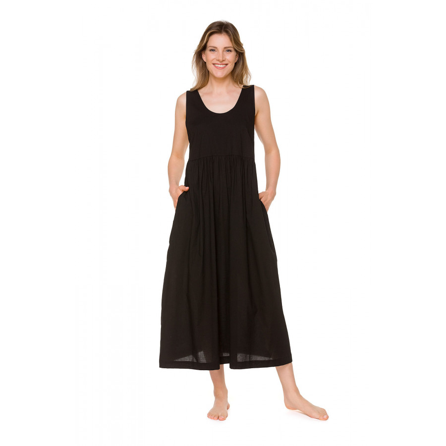 Black cotton voile maxi nightdress/lounge robe with side pockets - Coemi-lingerie