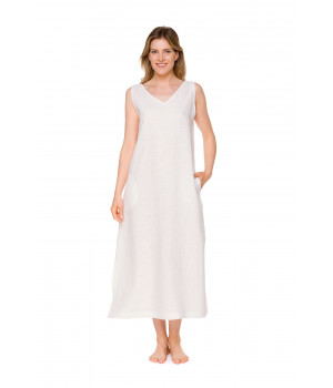 Long, loose-fitting, sleeveless lounge robe in 100% linen with V-neckline