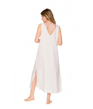 Long, loose-fitting, sleeveless lounge robe in 100% linen with V-neckline- Coemi-lingerie