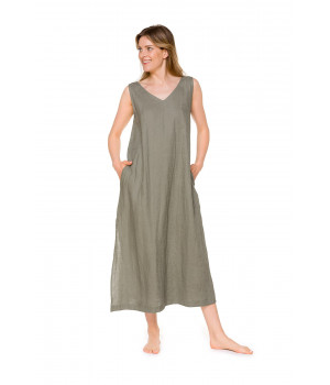 Langes, weites, ärmelloses Hauskleid aus 100 % Leinen mit V-Ausschnitt- Coemi-lingerie