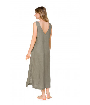 Long, loose-fitting, sleeveless lounge robe in 100% linen with V-neckline- Coemi-lingerie
