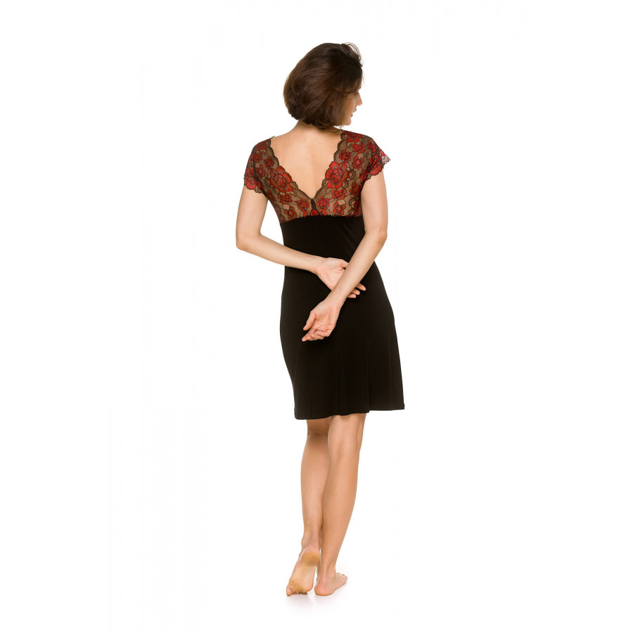 Kleidsames Negligé mit kurzen Ärmeln und V-Ausschnitt vorne und am Rücken aus Blumenspitze - Coemi-lingerie