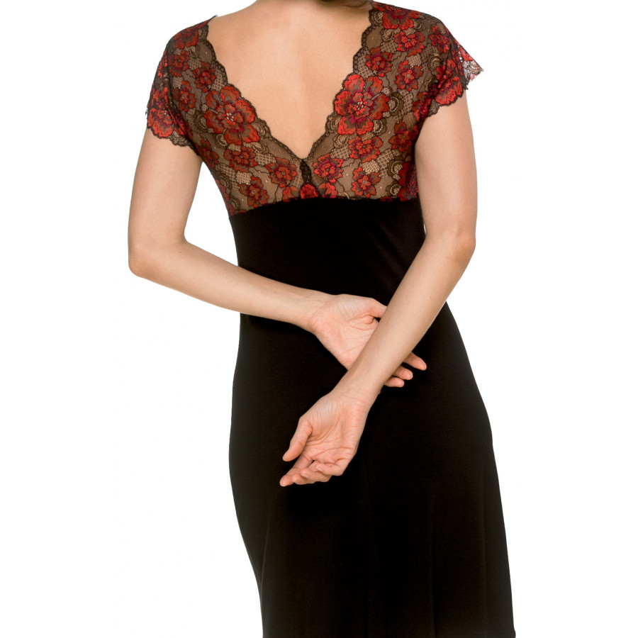 Perfectly fitting short sleeve negligee with floral lace V-neck front and back - Coemi-lingerie