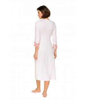 Long nightdress with three-quarter-length sleeves, gathers under the bust, V-neck and lace trim - Coemi-lingerie