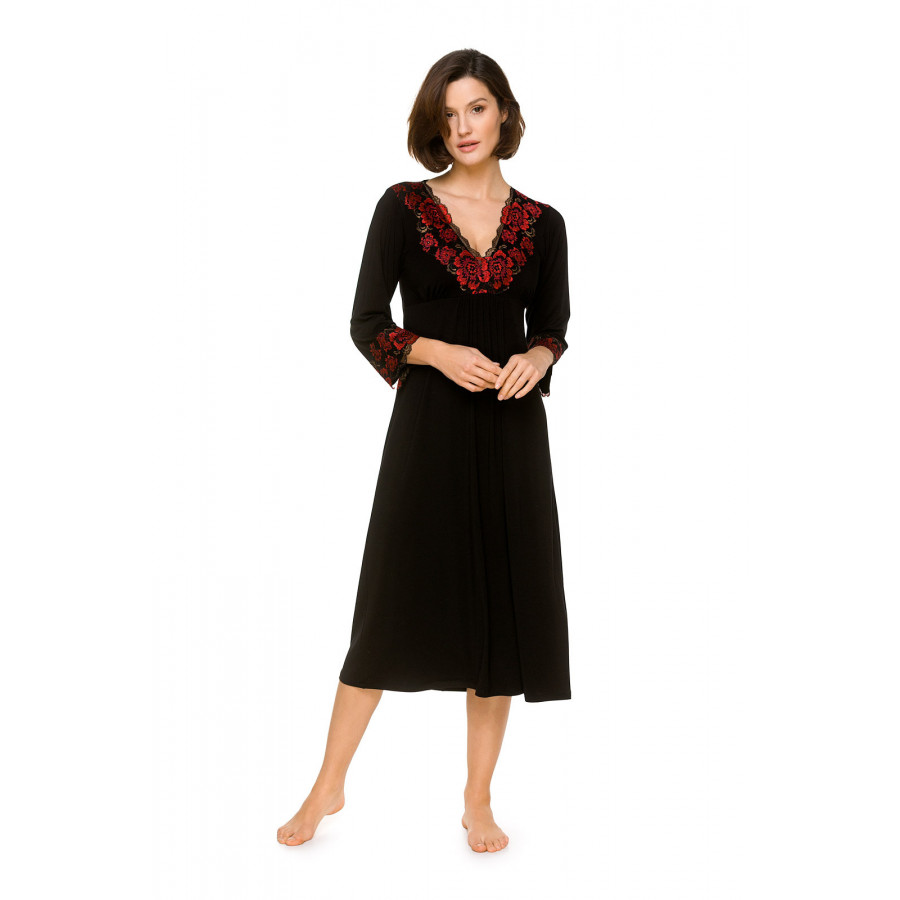 Long nightdress with three-quarter-length sleeves, gathers under the bust, V-neck and lace trim - Coemi-lingerie