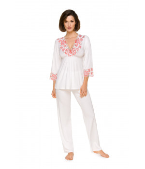 Ensemble pyjama top tunique col en V orné de dentelle fleurie et manches ¾ - Coemi-lingerie