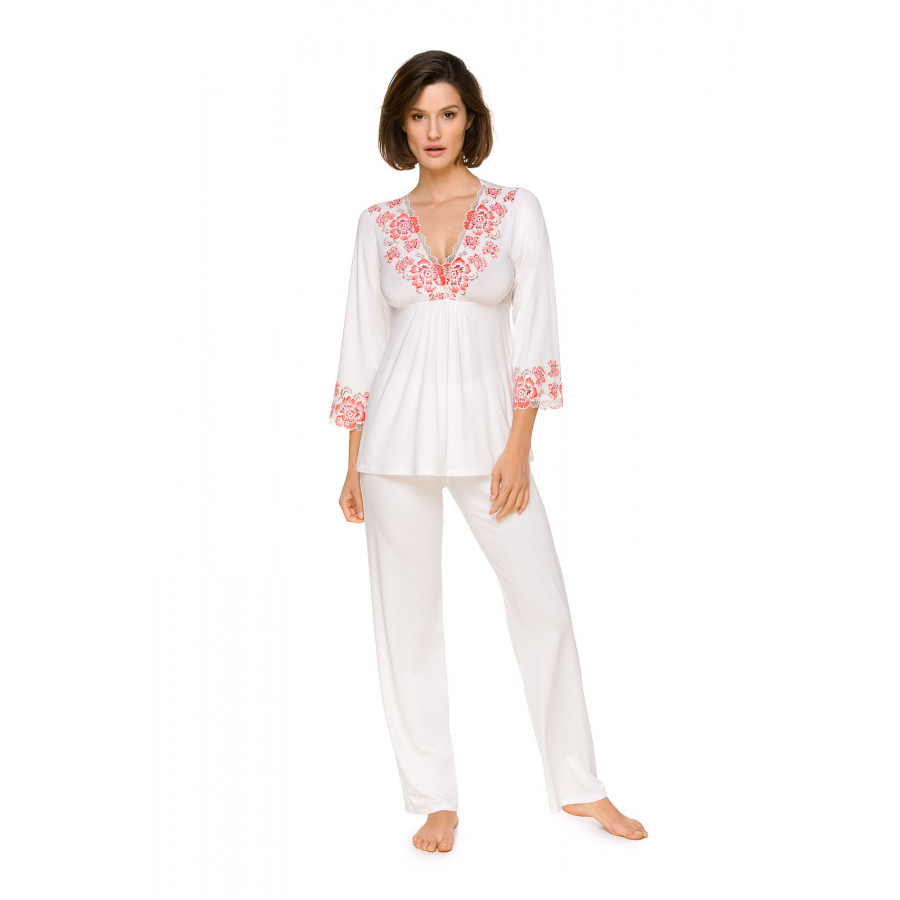 Ensemble pyjama top tunique col en V orné de dentelle fleurie