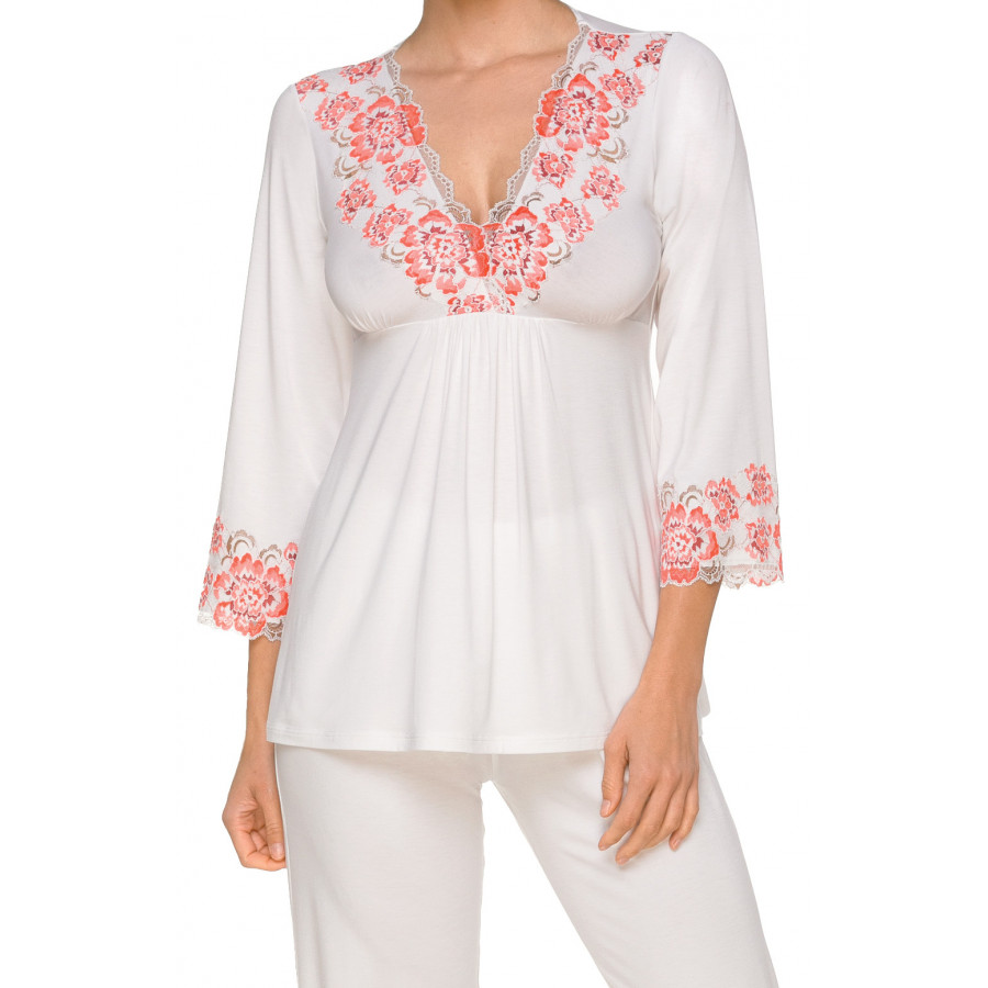 Satin pyjamas, tunic-style top with V-neck enhanced with pretty floral lace and three-quarter-length sleeves - Coemi-lingerie