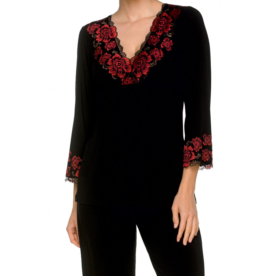 Satin pyjamas, tunic-style top with V-neck enhanced with pretty floral lace and three-quarter-length sleeves - Coemi-lingerie