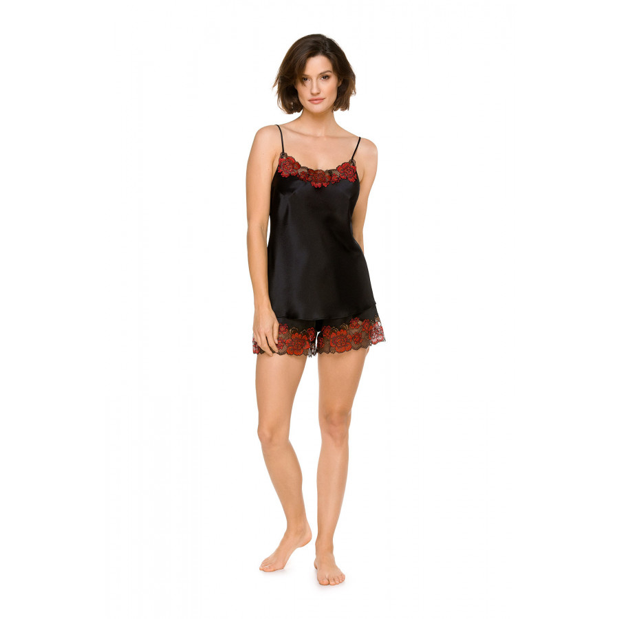 Satin and lace nightwear made up of a top with thin, adjustable straps, and shorts - Coemi-lingerie