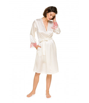 Elegant satin and floral lace dressing gown cut above the knee
