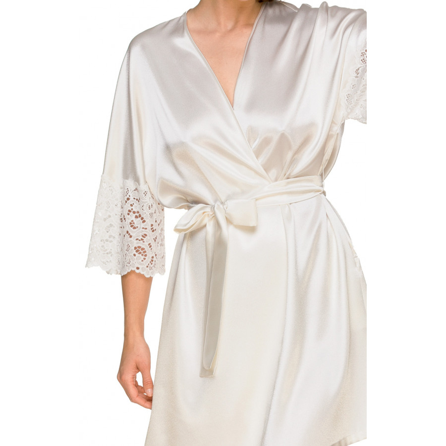 Mid-thigh satin dressing gown with romantic embroidery on the three-quarter-length sleeves - Coemi-lingerie