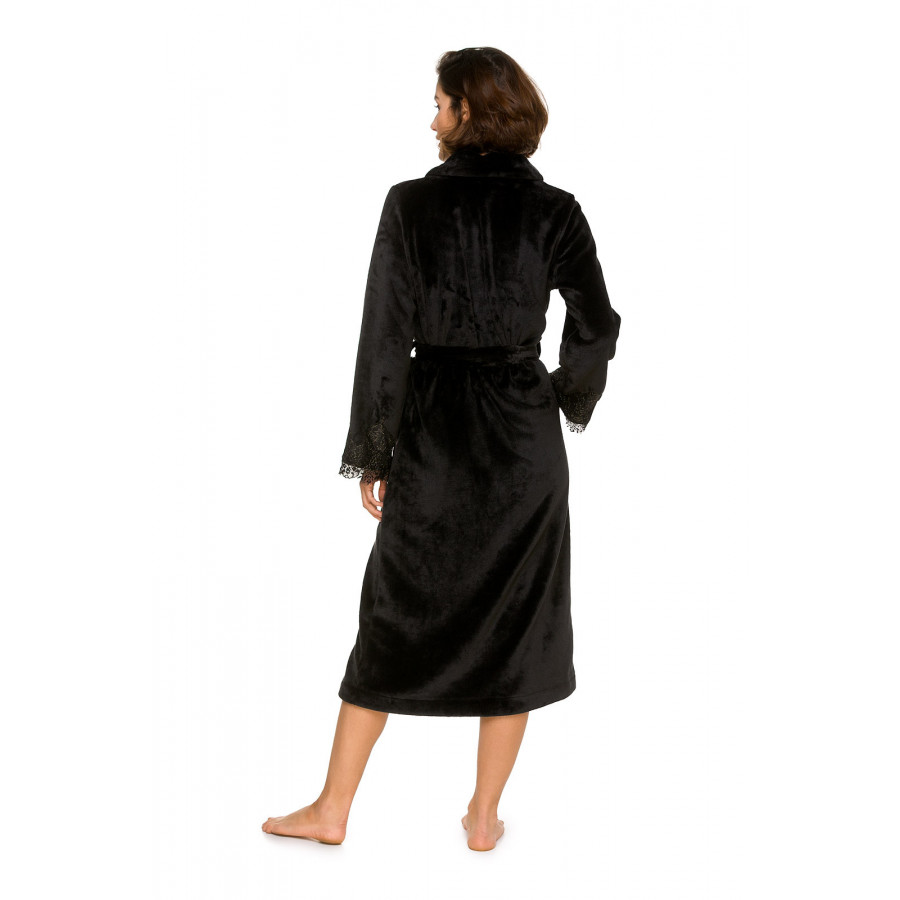 Long dressing gown in velvety fabric with shawl collar and lace at the cuffs - Coemi-lingerie