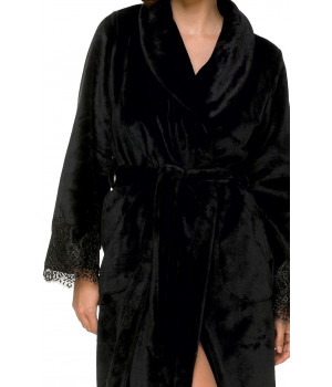 Long dressing gown in velvety fabric with shawl collar and lace at the cuffs - Coemi-lingerie