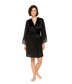 Short satin dressing gown with lace on the forearms