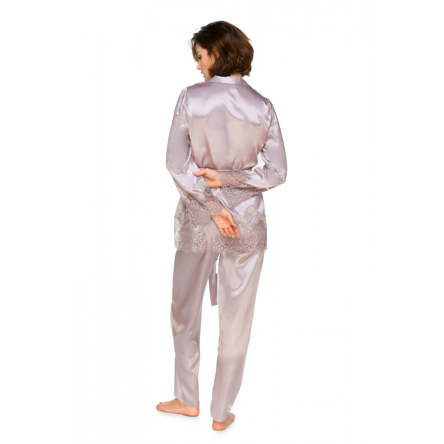 Very feminine satin pyjamas made up of a top with a shirt collar, belt and lace - Coemi-lingerie