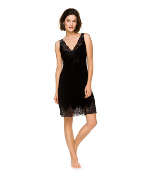 Gorgeous sleeveless negligee with a pretty V-neck front and back, embellished with lace