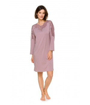 Long sleeve, short micromodal nightdress with a round collar adorned with lace